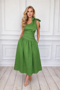 One Shoulder Green Elegant Midi Dress