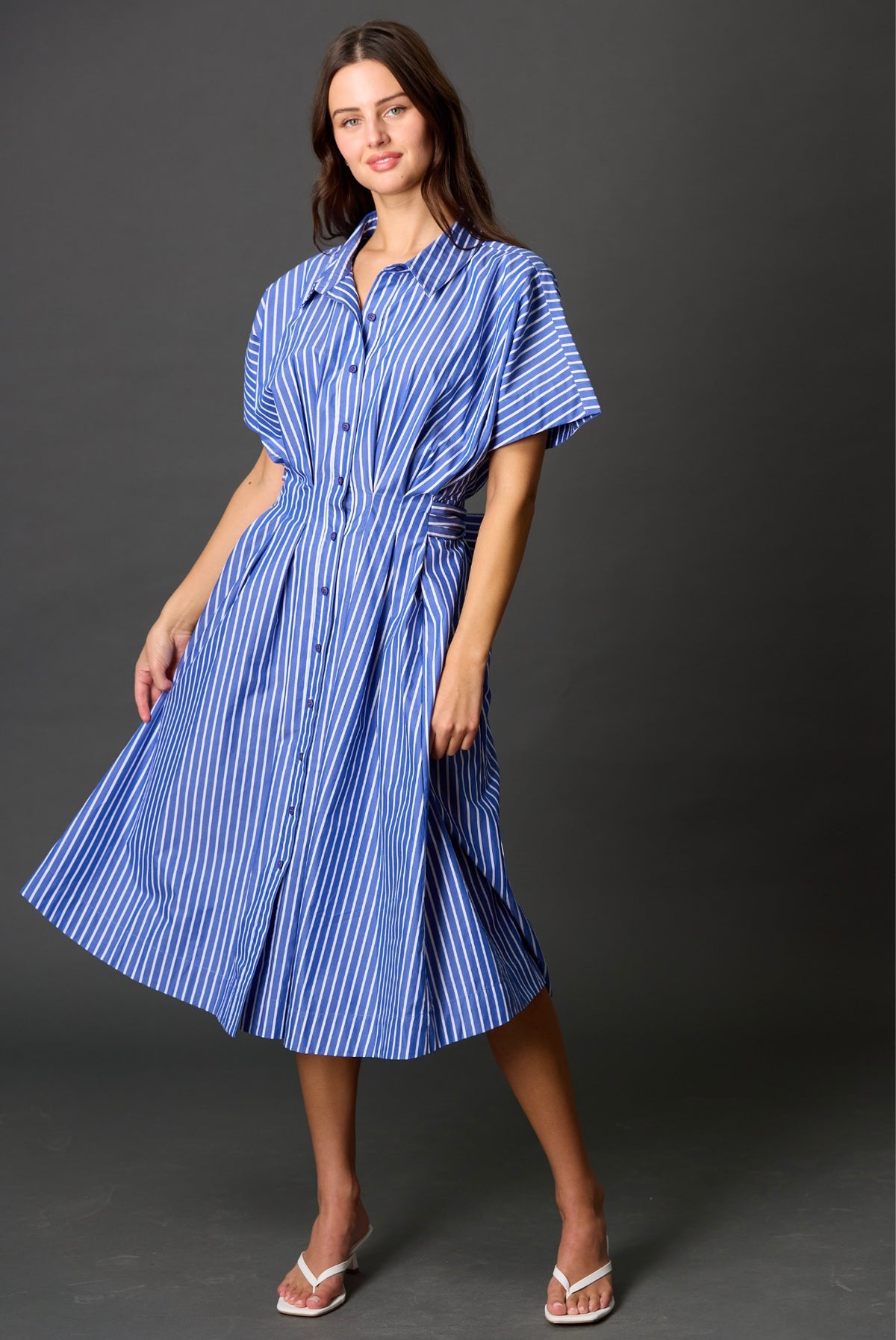blue stripe cotton dress Amelia in sleeved dress has timeless NEW MAY Zapaka Women Ivory Long Color:White with Light Blue Ribbon