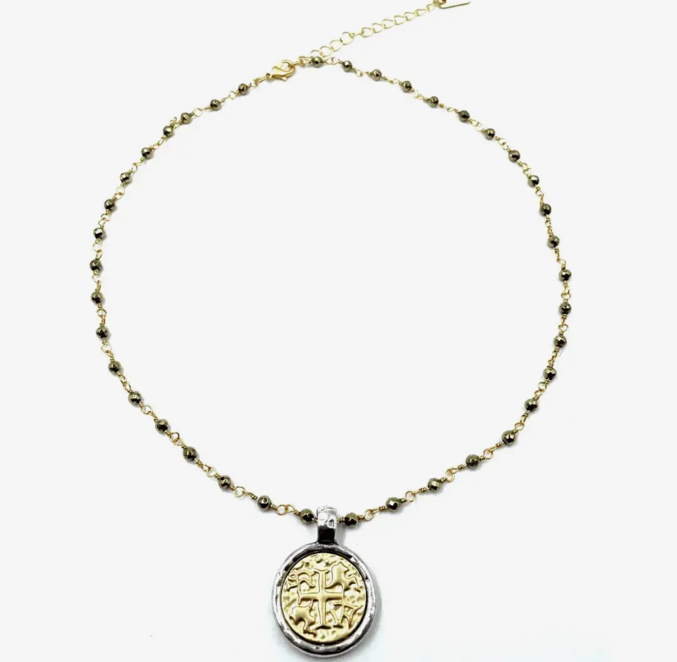 Matt Gold Coin On Pyrite Short Necklace