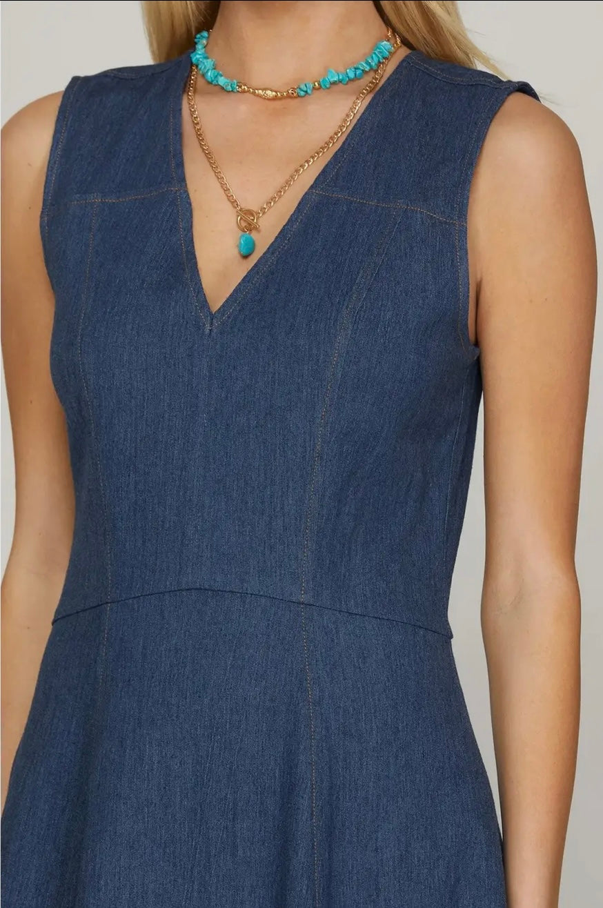 Denim V-Neck Midi Dress