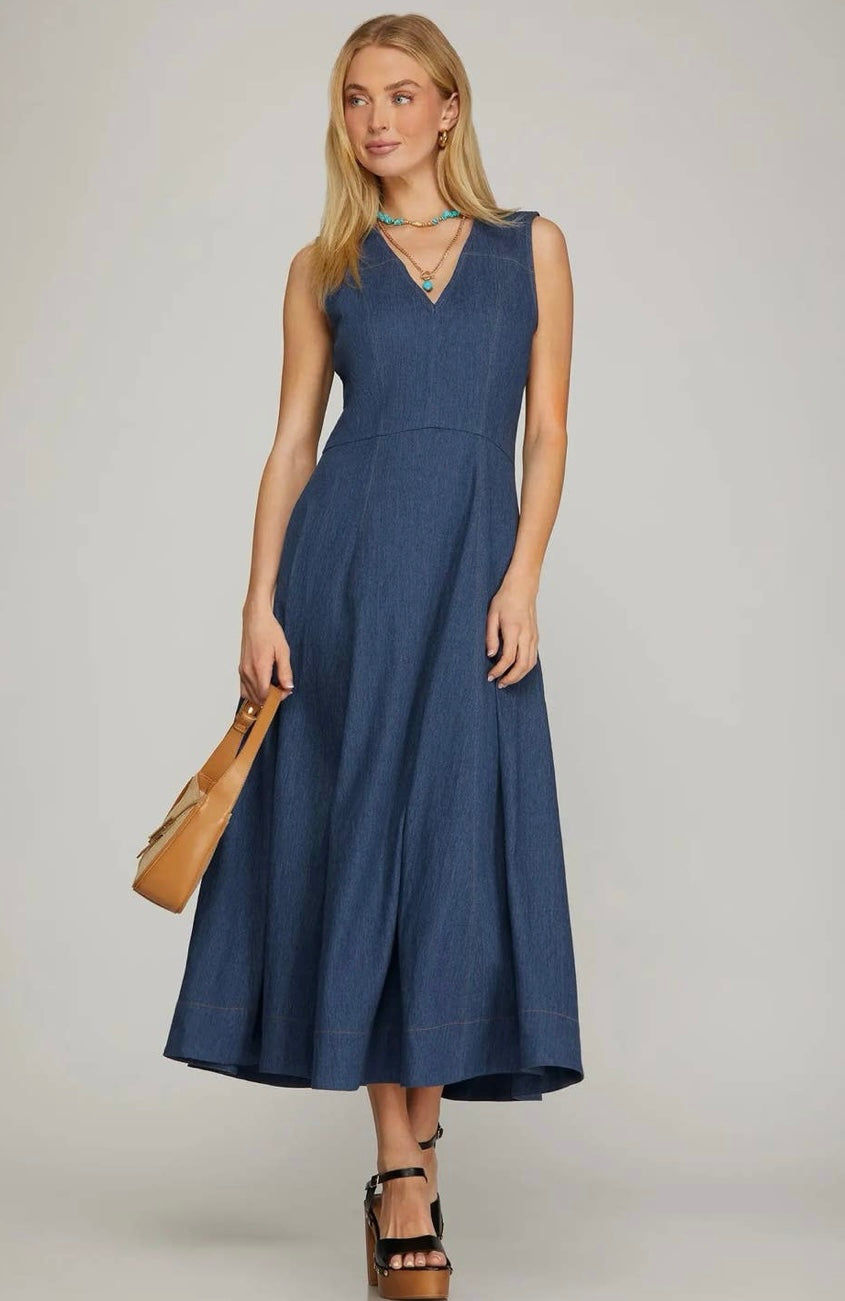 Denim V-Neck Midi Dress