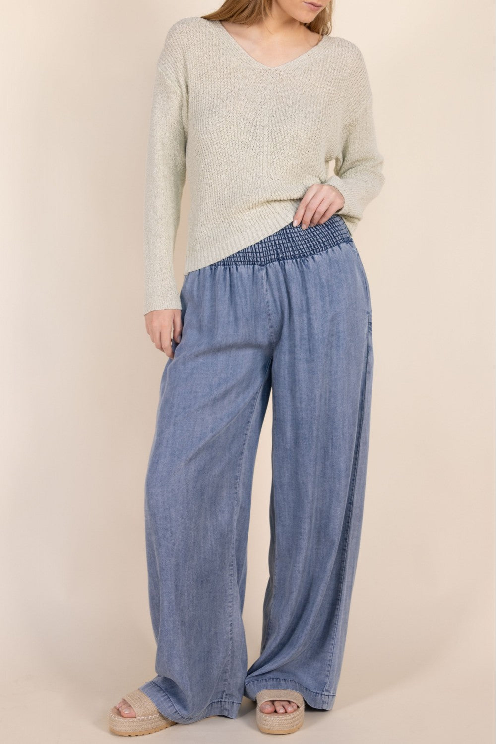 Wide Leg Pants With Shirred Waist