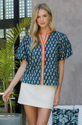 Puff Sleeve Floral Detailed V-Neck Top in Blue