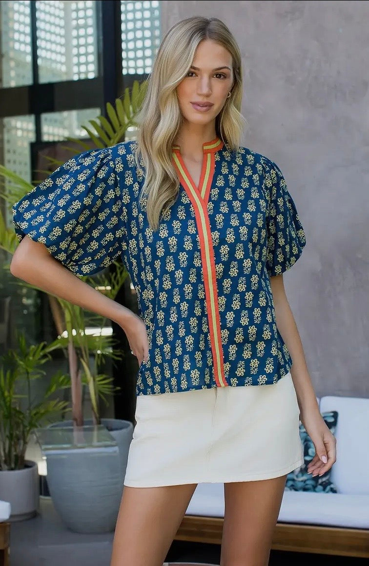 Puff Sleeve Floral Detailed V-Neck Top in Blue