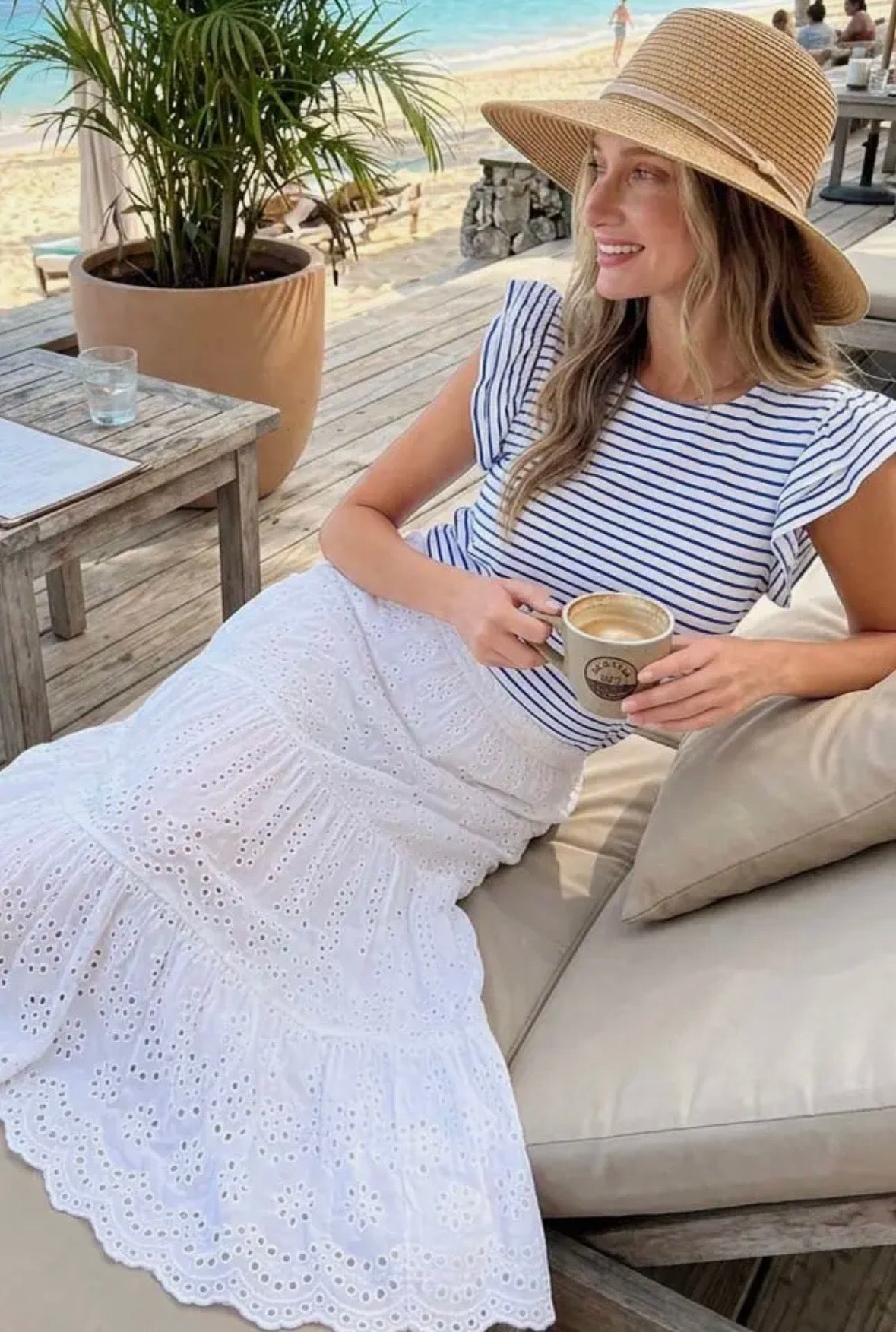 Double Flutter Sleeve Tee, blue & white